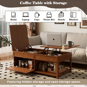 English Elm U-can Lift Top Coffee Table with Hidden Storage Open Shelf and Raised Workstation Surface Apricot Brown N724P401355E