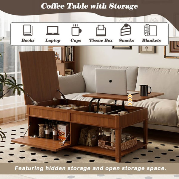 English Elm U-can Lift Top Coffee Table with Hidden Storage Open Shelf and Raised Workstation Surface Apricot Brown N724P401355E