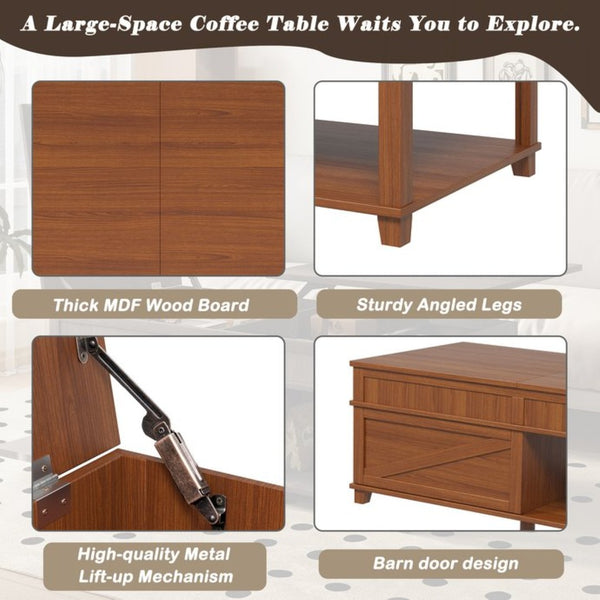 English Elm U-can Lift Top Coffee Table with Hidden Storage Open Shelf and Raised Workstation Surface Apricot Brown N724P401355E