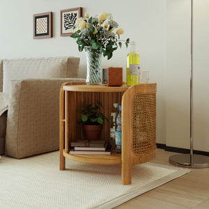 English Elm U-can Round Coffee Table with Rotating Lid Pe Rattan Wrap and Interior Storage N724P401356D