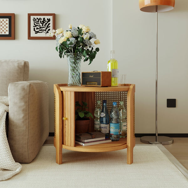 English Elm U-can Round Coffee Table with Rotating Lid Pe Rattan Wrap and Interior Storage N724P401356D