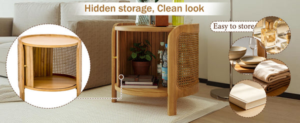 English Elm U-can Round Coffee Table with Rotating Lid Pe Rattan Wrap and Interior Storage N724P401356D