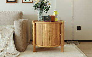 English Elm U-can Round Coffee Table with Rotating Lid Pe Rattan Wrap and Interior Storage N724P401356D