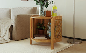 English Elm U-can Round Coffee Table with Rotating Lid Pe Rattan Wrap and Interior Storage N724P401356D