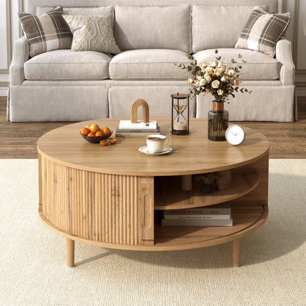 English Elm U-can Round Lift Top Coffee Table Dual Storage Pine Legs Wave Grain Living Room Acacia Wood N724P416053D