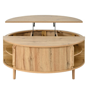 English Elm U-can Round Lift Top Coffee Table Dual Storage Pine Legs Wave Grain Living Room Acacia Wood N724P416053D