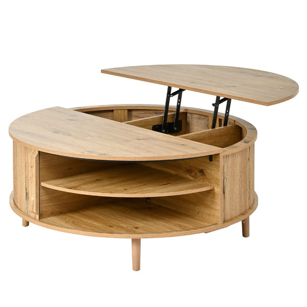 English Elm U-can Round Lift Top Coffee Table Dual Storage Pine Legs Wave Grain Living Room Acacia Wood N724P416053D