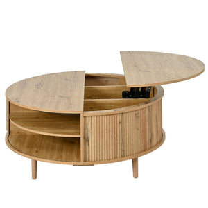 English Elm U-can Round Lift Top Coffee Table Dual Storage Pine Legs Wave Grain Living Room Acacia Wood N724P416053D