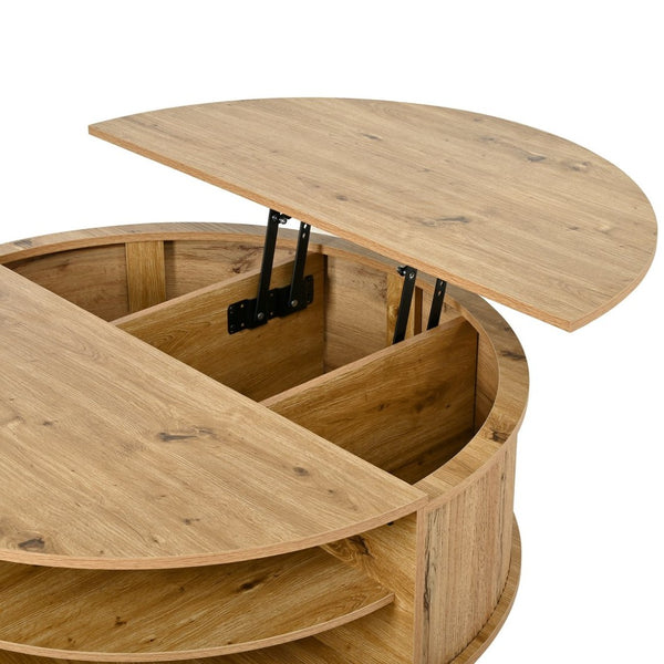 English Elm U-can Round Lift Top Coffee Table Dual Storage Pine Legs Wave Grain Living Room Acacia Wood N724P416053D