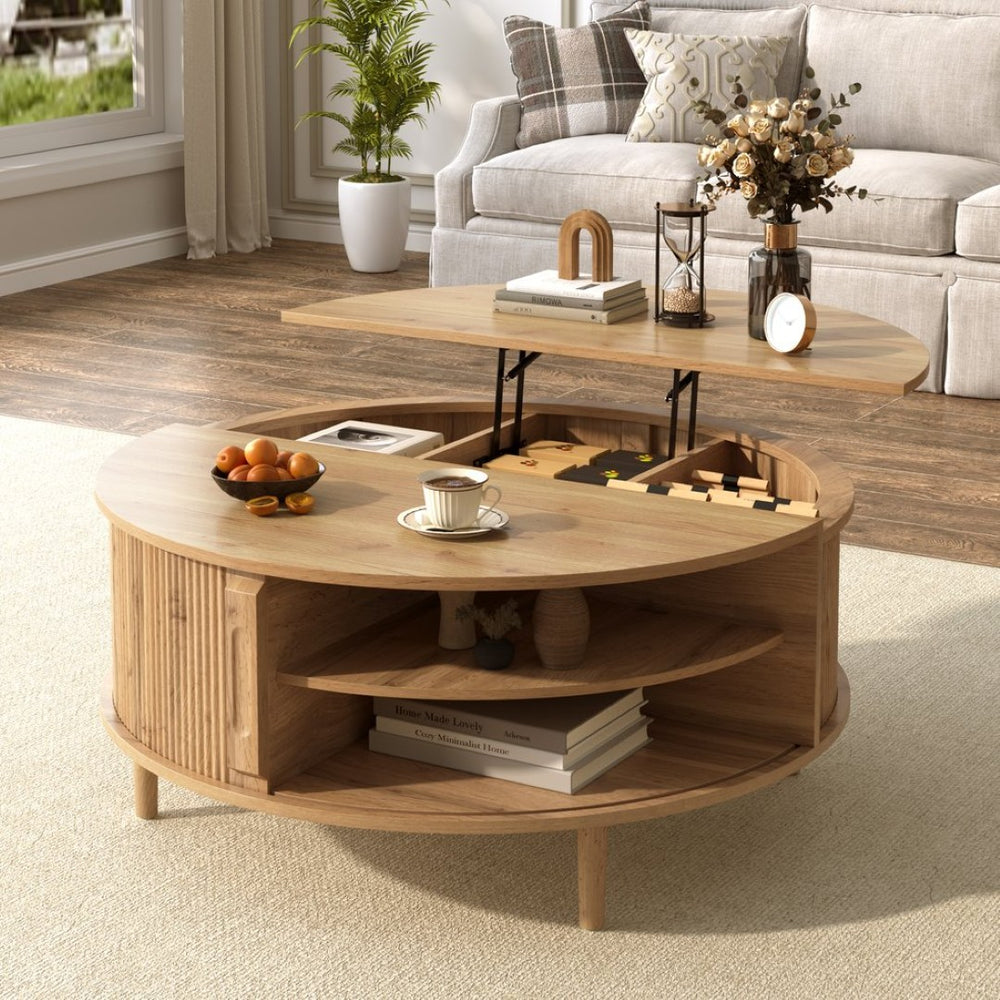 English Elm U-can Round Lift Top Coffee Table Dual Storage Pine Legs Wave Grain Living Room Acacia Wood N724P416053D