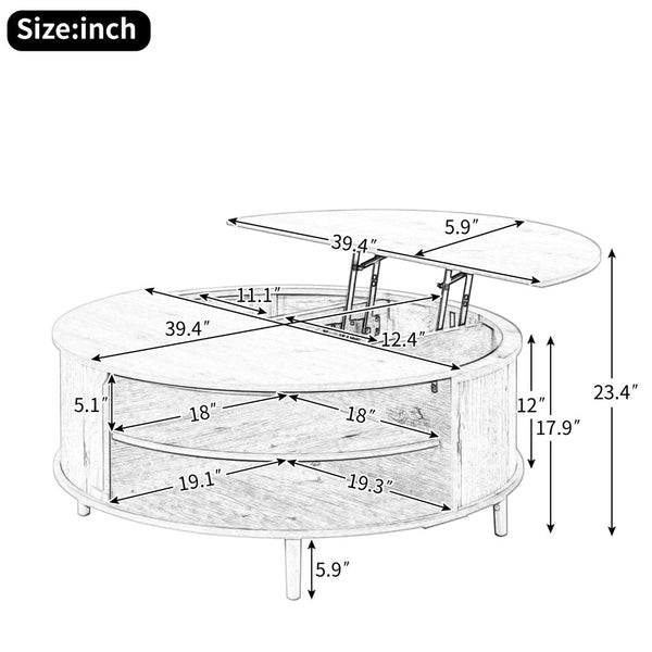English Elm U-can Round Lift Top Coffee Table Dual Storage Pine Legs Wave Grain Living Room Acacia Wood N724P416053D