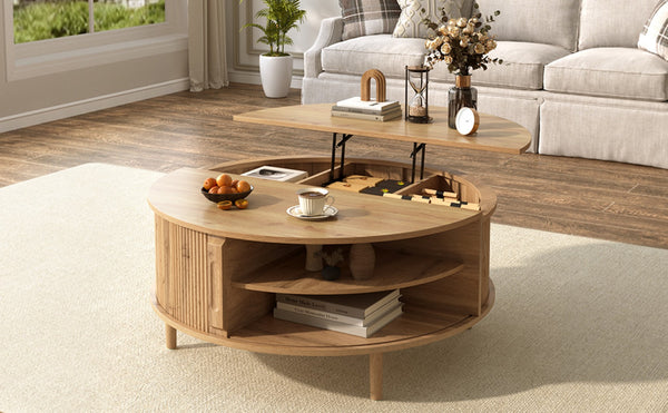 English Elm U-can Round Lift Top Coffee Table Dual Storage Pine Legs Wave Grain Living Room Acacia Wood N724P416053D