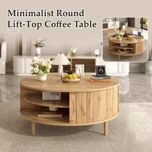 English Elm U-can Round Lift Top Coffee Table Dual Storage Pine Legs Wave Grain Living Room Acacia Wood N724P416053D