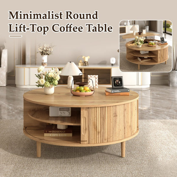 English Elm U-can Round Lift Top Coffee Table Dual Storage Pine Legs Wave Grain Living Room Acacia Wood N724P416053D