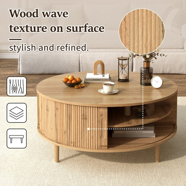 English Elm U-can Round Lift Top Coffee Table Dual Storage Pine Legs Wave Grain Living Room Acacia Wood N724P416053D