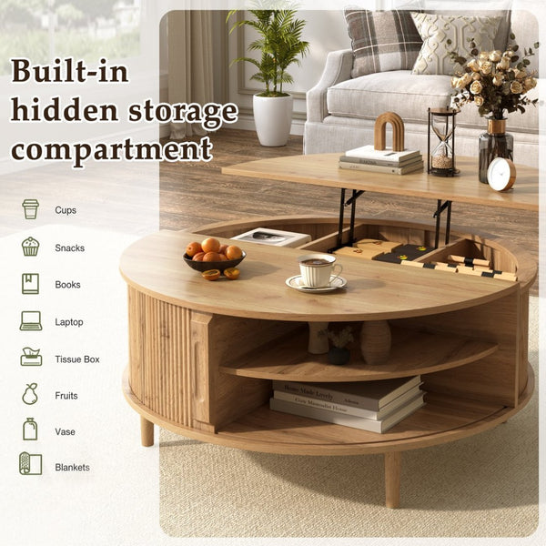 English Elm U-can Round Lift Top Coffee Table Dual Storage Pine Legs Wave Grain Living Room Acacia Wood N724P416053D