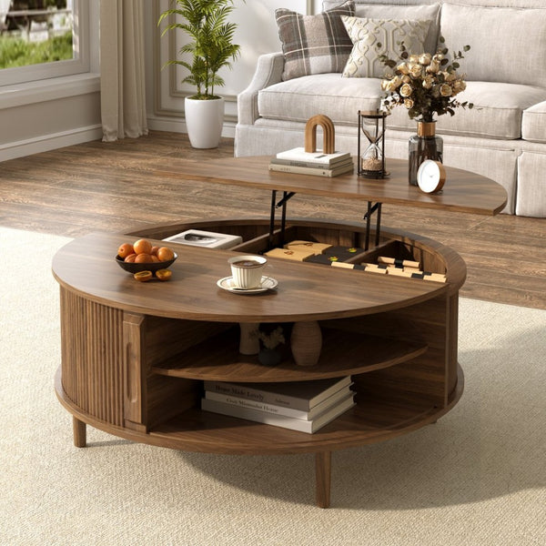 English Elm U-can Round Lift Top Coffee Table Dual Storage Pine Legs Wave Grain Living Room Antique brown N724P416053M