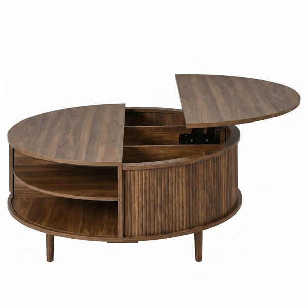 English Elm U-can Round Lift Top Coffee Table Dual Storage Pine Legs Wave Grain Living Room Antique brown N724P416053M