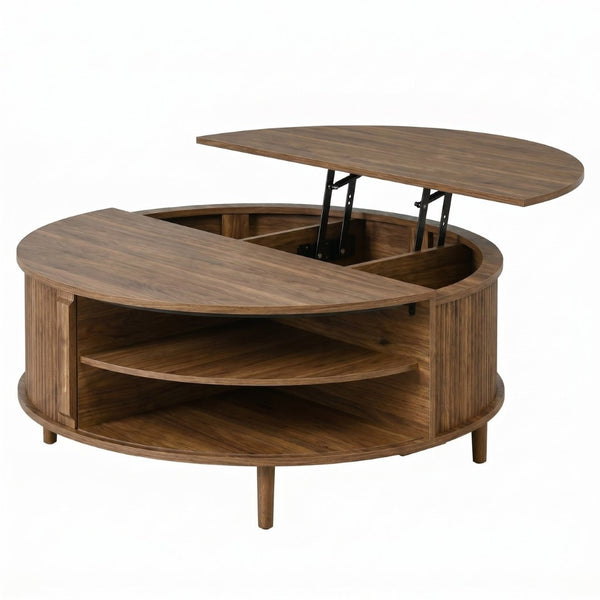 English Elm U-can Round Lift Top Coffee Table Dual Storage Pine Legs Wave Grain Living Room Antique brown N724P416053M