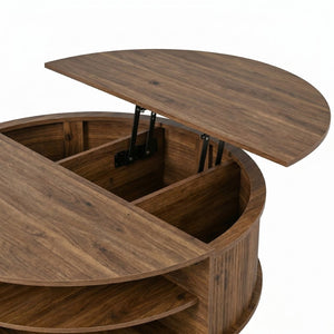 English Elm U-can Round Lift Top Coffee Table Dual Storage Pine Legs Wave Grain Living Room Antique brown N724P416053M