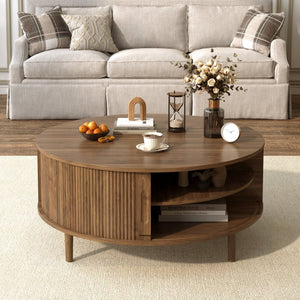 English Elm U-can Round Lift Top Coffee Table Dual Storage Pine Legs Wave Grain Living Room Antique brown N724P416053M