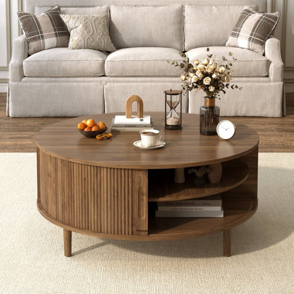 English Elm U-can Round Lift Top Coffee Table Dual Storage Pine Legs Wave Grain Living Room Antique brown N724P416053M