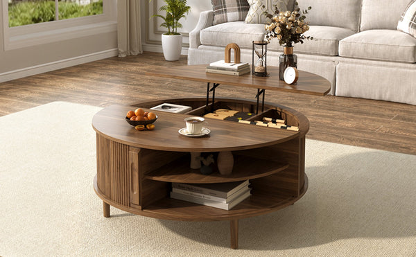English Elm U-can Round Lift Top Coffee Table Dual Storage Pine Legs Wave Grain Living Room Antique brown N724P416053M