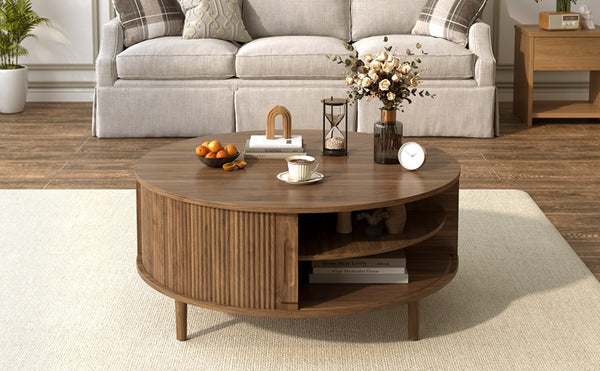 English Elm U-can Round Lift Top Coffee Table Dual Storage Pine Legs Wave Grain Living Room Antique brown N724P416053M