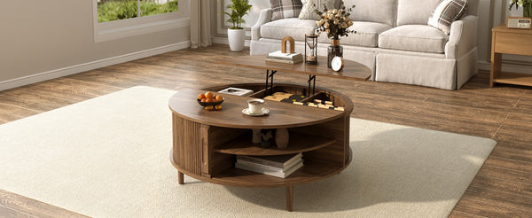 English Elm U-can Round Lift Top Coffee Table Dual Storage Pine Legs Wave Grain Living Room Antique brown N724P416053M