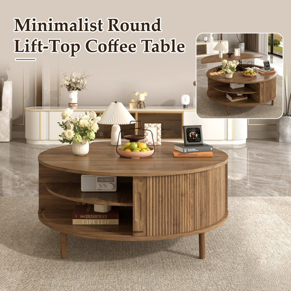 English Elm U-can Round Lift Top Coffee Table Dual Storage Pine Legs Wave Grain Living Room Antique brown N724P416053M