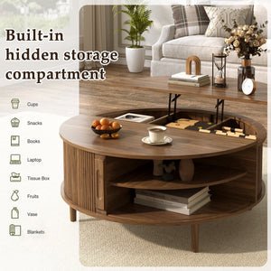 English Elm U-can Round Lift Top Coffee Table Dual Storage Pine Legs Wave Grain Living Room Antique brown N724P416053M