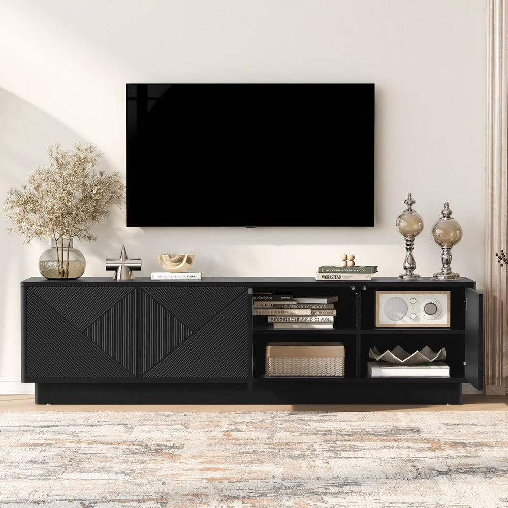 English Elm U-can Wave Front Media Console with Led Lighting and Adjustable Shelves for 75 Inch Tvs Black N724P426846B
