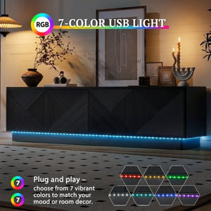 English Elm U-can Wave Front Media Console with Led Lighting and Adjustable Shelves for 75 Inch Tvs Black N724P426846B
