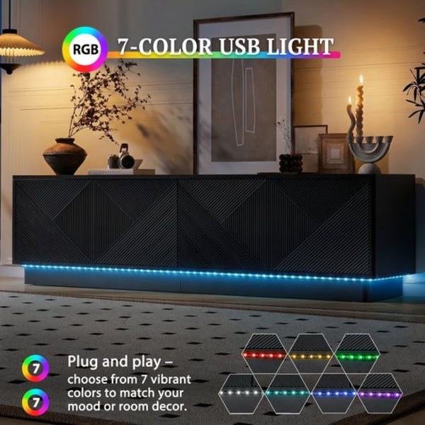 English Elm U-can Wave Front Media Console with Led Lighting and Adjustable Shelves for 75 Inch Tvs Black N724P426846B