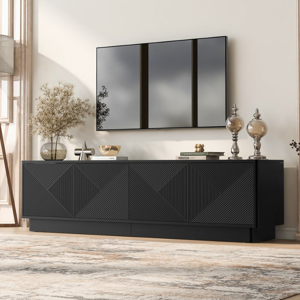 English Elm U-can Wave Front Media Console with Led Lighting and Adjustable Shelves for 75 Inch Tvs Black N724P426846B