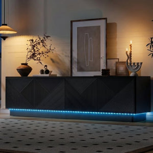 English Elm U-can Wave Front Media Console with Led Lighting and Adjustable Shelves for 75 Inch Tvs Black N724P426846B