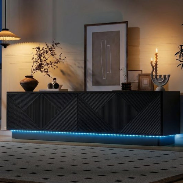 English Elm U-can Wave Front Media Console with Led Lighting and Adjustable Shelves for 75 Inch Tvs Black N724P426846B