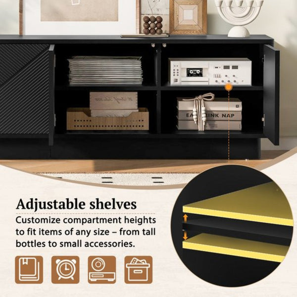 English Elm U-can Wave Front Media Console with Led Lighting and Adjustable Shelves for 75 Inch Tvs Black N724P426846B