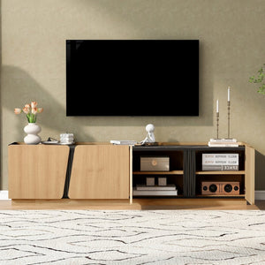 English Elm U-can Wave Front Media Console with Led Lighting and Adjustable Shelves for 75 Inch Tvs Oak N724P426854M