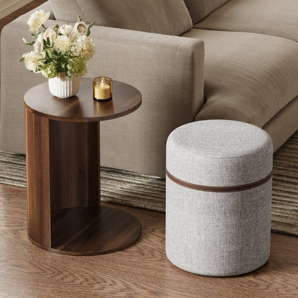 English Elm U-Can Walnut Round Side Table with Pull-Out Stool and Slot Storage for Living Room N724P436823M