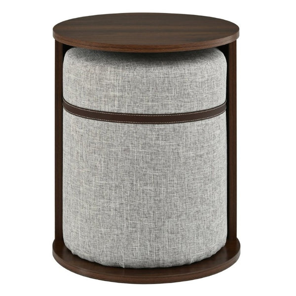 English Elm U-Can Walnut Round Side Table with Pull-Out Stool and Slot Storage for Living Room N724P436823M