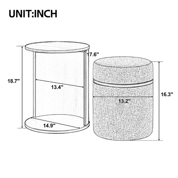 English Elm U-Can Walnut Round Side Table with Pull-Out Stool and Slot Storage for Living Room N724P436823M