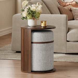 English Elm U-Can Walnut Round Side Table with Pull-Out Stool and Slot Storage for Living Room N724P436823M
