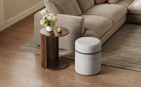 English Elm U-Can Walnut Round Side Table with Pull-Out Stool and Slot Storage for Living Room N724P436823M