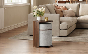 English Elm U-Can Walnut Round Side Table with Pull-Out Stool and Slot Storage for Living Room N724P436823M