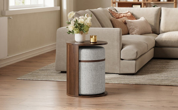 English Elm U-Can Walnut Round Side Table with Pull-Out Stool and Slot Storage for Living Room N724P436823M