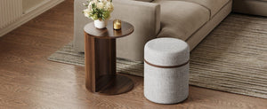 English Elm U-Can Walnut Round Side Table with Pull-Out Stool and Slot Storage for Living Room N724P436823M