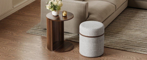 English Elm U-Can Walnut Round Side Table with Pull-Out Stool and Slot Storage for Living Room N724P436823M
