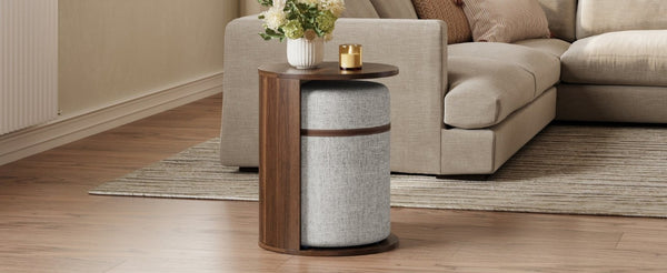 English Elm U-Can Walnut Round Side Table with Pull-Out Stool and Slot Storage for Living Room N724P436823M