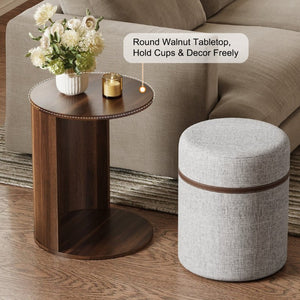 English Elm U-Can Walnut Round Side Table with Pull-Out Stool and Slot Storage for Living Room N724P436823M